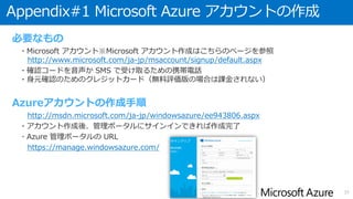 Appendix#1 Microsoft Azure アカウントの作成
必要なもの
・Microsoft アカウント※Microsoft アカウント作成はこちらのページを参照
http://www.microsoft.com/ja-jp/msaccount/signup/default.aspx
・確認コードを音声か SMS で受け取るための携帯電話
・身元確認のためのクレジットカード（無料評価版の場合は課金されない）
Azureアカウントの作成手順
http://msdn.microsoft.com/ja-jp/windowsazure/ee943806.aspx
・アカウント作成後、管理ポータルにサインインできれば作成完了
・Azure 管理ポータルの URL
https://manage.windowsazure.com/
37
 