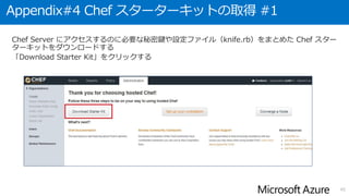 Appendix#4 Chef スターターキットの取得 #1
Chef Server にアクセスするのに必要な秘密鍵や設定ファイル（knife.rb）をまとめた Chef スター
ターキットをダウンロードする
「Download Starter Kit」をクリックする
45
 