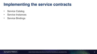 Unless otherwise indicated, these slides are © 2013-2016 Pivotal Software, Inc. and licensed under a
Creative Commons Attribution-NonCommercial license: http://creativecommons.org/licenses/by-nc/3.0/
Implementing the service contracts
• Service Catalog
• Service Instances
• Service Bindings
34
 