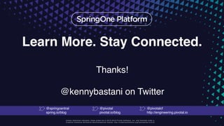 Unless otherwise indicated, these slides are © 2013-2016 Pivotal Software, Inc. and licensed under a
Creative Commons Attribution-NonCommercial license: http://creativecommons.org/licenses/by-nc/3.0/
Learn More. Stay Connected.
Thanks!
@kennybastani on Twitter
@springcentral
spring.io/blog
@pivotal
pivotal.io/blog
@pivotalcf
http://engineering.pivotal.io
 