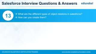 www.edureka.co/salesforce-foundation-comboEDUREKA’S SALESFORCE CERTIFICATION TRAINING
Salesforce Interview Questions & Answers
 What are the different types of object relations in salesforce?
 How can you create them?13
 