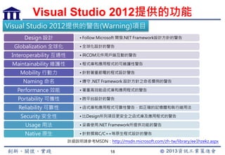 Visual Studio 2012提供的功能 
Visual Studio 2012提供的警告(Warning)項目 
Design 設計• Follow Microsoft 開發.NET Framework設計方針的警告 
Globalization 全球化•全球化設計的警告 
Interoperability互通性•與COM元件用戶端互動的警告 
Maintainability 維護性•程式庫和應用程式的可維護性警告 
Mobility 行動力•針對著重節電的程式設計警告 
Naming 命名•遵守.NET Framework 設計方針之命名慣例的警告 
Performance 效能•著重高效能函式庫和應用程式的警告 
Portability 可攜性•跨平台設計的警告 
Reliability可靠性•函式庫和應用程式可靠性警告，如正確的記憶體和執行緒用法 
Security 安全性•比Design所列項目更安全之函式庫及應用程式的警告 
Usage 用法•妥善使用.NET Framework所提供功能的警告 
Native 原生•針對撰寫C/C++等原生程式設計的警告 
詳細說明請參考MSDN：http://msdn.microsoft.com/zh-tw/library/ee1hzekz.aspx 
18 
 