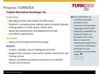 Finance: TURKDEX
   Turkish Derivatives Exchange, Inc.

   CHALLENGE                                                      The combination of
                                                                  simplicity and power
   • Managing market and trading risk effectively
                                                                  provided by the
   • Establish a comprehensive trading system to detect abusive   Continuous Computation
     trading patterns at high-speed market rates                  Language and the rapid
   • Speed the development and deployment of their                integration capabilities of
     surveillance applications.                                   Sybase CEP, gave our
                                                                  developers the critical
   SOLUTION
                                                                  tools to create the
   • Sybase CEP (Complex Event Processing)                        sophisticated applications
   RESULTS                                                        in extremely challenging
                                                                  schedules to meet
   • Creates a reliable, secure trading environment
                                                                  regulatory and corporate
   • Supports the increase in derivative market investments and   needs.
     trading volume                                               Abdullah Akoglu,
   • Delivers simplified surveillance mechanism to identify       Lead Developer

     market abnormalities


© 2012 SAP AG. All rights reserved.                                                      24
 