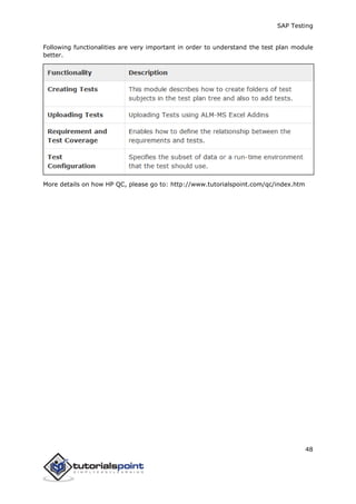 SAP Testing
48
Following functionalities are very important in order to understand the test plan module
better.
More details on how HP QC, please go to: http://www.tutorialspoint.com/qc/index.htm
 
