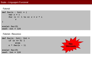 Scala – Linguagem Funcional


  Fatorial
 def fac(n : Int) = {
      var r = 1
      for (i <- 1 to n) r = r * i
            r
 }

 scala> fac(5)
 res0: Int = 120

  Fatorial - Recursivo
 def fac(n: Int): Int =
      if (n <= 0) 1
            else                       Não
      n * fac(n – 1)                Otimizado
 scala> fac(5)
 res0: Int = 120
 