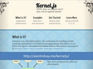 Module
  Module                     Module


 Module        Sandbox         Module

              Application
Extension                     Extension
                 Core


Extension    Base Library     Extension




No part knows about the web application
 