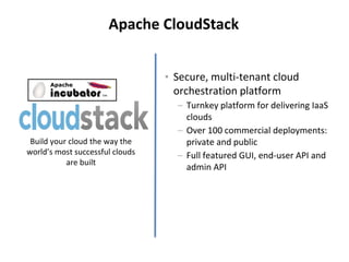 Apache CloudStack


                                 • Secure, multi-tenant cloud
                                   orchestration platform
                                   – Turnkey platform for delivering IaaS
                                     clouds
                                   – Over 100 commercial deployments:
 Build your cloud the way the        private and public
world’s most successful clouds     – Full featured GUI, end-user API and
           are built
                                     admin API
 