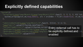 Explicitly defined capabilities

Every external call has to
be explicitly defined and
enabled

 