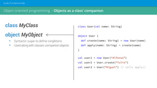 class MyClass
object MyObject
• Syntactic sugar to define singletons
• Used alongwithclasses:companionobjects
class User(val name: String)
object User {
def create(name: String) = new User(name)
def apply(name: String) = create(name)
}
val user1 = new User(“Alfonso”)
val user2 = User.create(“Tulio”)
val user3 = User(“Miguel”) // calls apply()
Object oriented programming – Objects as a class’ companion
Scala Fundamentals
 