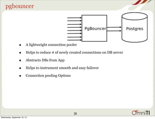 pgbouncer
• A lightweight connection pooler
• Helps to reduce # of newly created connections on DB server
• Abstracts DBs from App
• Helps to instrument smooth and easy failover
• Connection pooling Options
20
Wednesday, September 18, 13
 