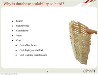 Why is database scalability so hard?
• Search
• Concurrency
• Consistency
• Speed
• Cost
• Cost of hardware
• Cost deployment effort
• Cost Ongoing maintenance
5
Wednesday, September 18, 13
 