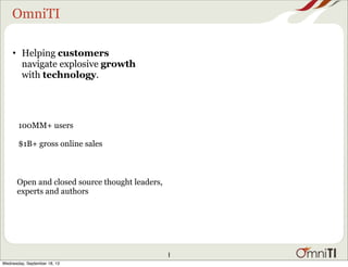 OmniTI
1
• Helping customers
navigate explosive growth
with technology.
100MM+ users
$1B+ gross online sales
Open and closed source thought leaders,
experts and authors
Wednesday, September 18, 13
 