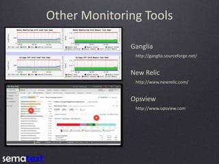 Other Monitoring Tools
Ganglia
http://ganglia.sourceforge.net/

New Relic
http://www.newrelic.com/

Opsview
http://www.opsview.com

 