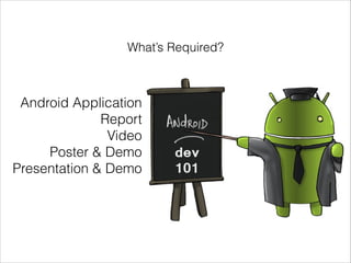 What’s Required?

Android Application
Report
Video
Poster & Demo
Presentation & Demo

 