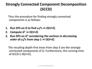 Strongly Connected Component Decomposition
(SCCD)
Thus the procedure for finding strongly connected
components is as follows:
1. Run DFS on G to find u.f's ⇒ O(V+E)
2. Compute GT ⇒ O(V+E)
3. Run DFS on GT considering the vertices in decreasing
order of u.f's from step 1 ⇒ O(V+E)
The resulting depth-first trees from step 3 are the strongly
connected components of G. Furthermore, the running time
of SCCD is Θ(V+E).
Dr. AMIT KUMAR @JUET
 