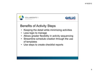 4/16/2012
9
• Keeping the detail while minimizing activities
• Less logic to manage
• Allows greater flexibility in activity sequencing
• Streamline schedule creation through the use
of templates
• Use steps to create checklist reports
Benefits of Activity Steps
 