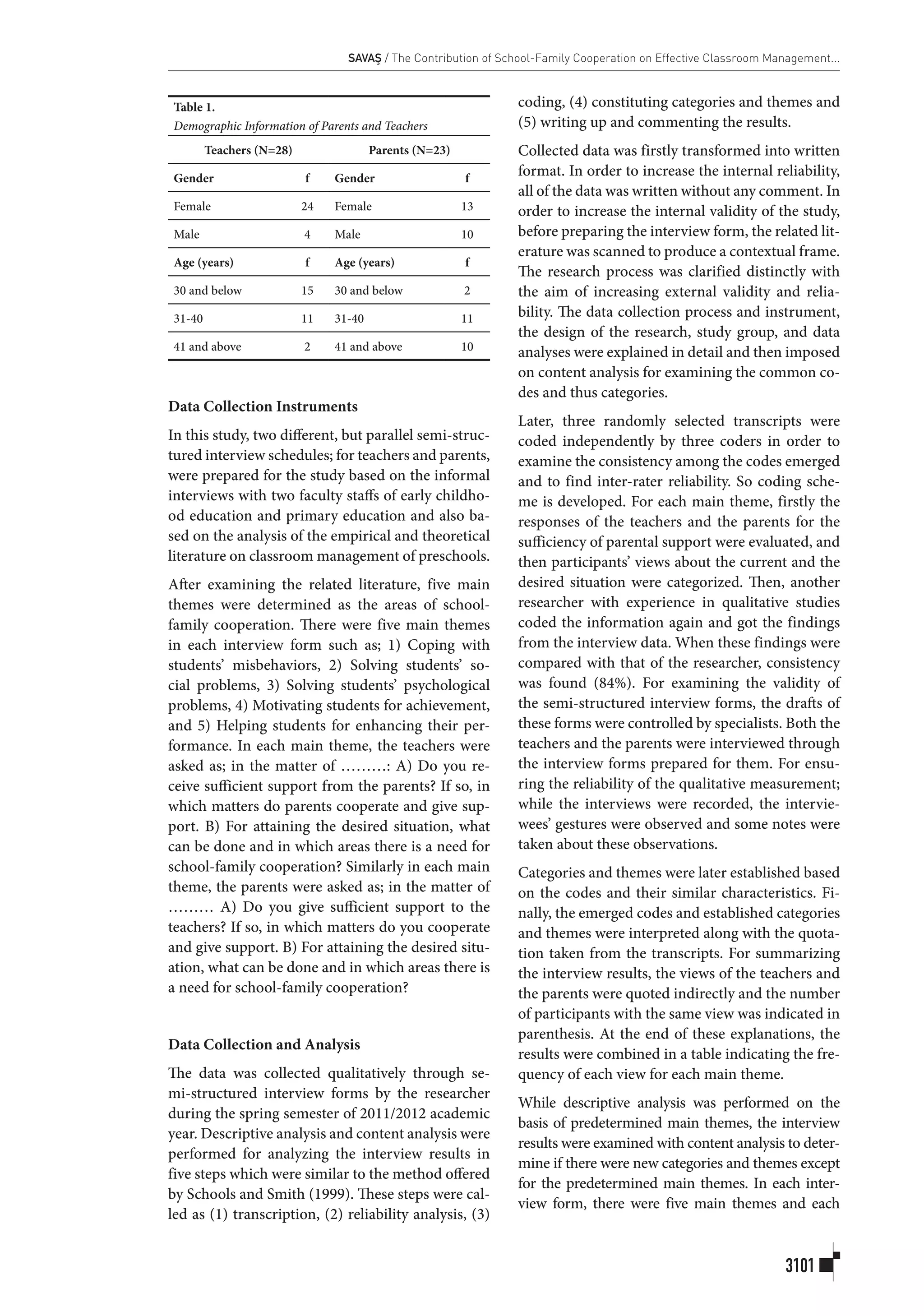 SAVAŞ / The Contribution of School-Family Cooperation on Effective Classroom Management...
3101
Table 1.
Demographic Information of Parents and Teachers
Teachers (N=28) Parents (N=23)
Gender f Gender f
Female 24 Female 13
Male 4 Male 10
Age (years) f Age (years) f
30 and below 15 30 and below 2
31-40 11 31-40 11
41 and above 2 41 and above 10
Data Collection Instruments
In this study, two different, but parallel semi-struc-
tured interview schedules; for teachers and parents,
were prepared for the study based on the informal
interviews with two faculty staffs of early childho-
od education and primary education and also ba-
sed on the analysis of the empirical and theoretical
literature on classroom management of preschools.
After examining the related literature, five main
themes were determined as the areas of school-
family cooperation. There were five main themes
in each interview form such as; 1) Coping with
students’ misbehaviors, 2) Solving students’ so-
cial problems, 3) Solving students’ psychological
problems, 4) Motivating students for achievement,
and 5) Helping students for enhancing their per-
formance. In each main theme, the teachers were
asked as; in the matter of ………: A) Do you re-
ceive sufficient support from the parents? If so, in
which matters do parents cooperate and give sup-
port. B) For attaining the desired situation, what
can be done and in which areas there is a need for
school-family cooperation? Similarly in each main
theme, the parents were asked as; in the matter of
……… A) Do you give sufficient support to the
teachers? If so, in which matters do you cooperate
and give support. B) For attaining the desired situ-
ation, what can be done and in which areas there is
a need for school-family cooperation?
Data Collection and Analysis
The data was collected qualitatively through se-
mi-structured interview forms by the researcher
during the spring semester of 2011/2012 academic
year. Descriptive analysis and content analysis were
performed for analyzing the interview results in
five steps which were similar to the method offered
by Schools and Smith (1999). These steps were cal-
led as (1) transcription, (2) reliability analysis, (3)
coding, (4) constituting categories and themes and
(5) writing up and commenting the results.
Collected data was firstly transformed into written
format. In order to increase the internal reliability,
all of the data was written without any comment. In
order to increase the internal validity of the study,
before preparing the interview form, the related lit­
erature was scanned to produce a contextual frame.
The research process was clarified distinctly with
the aim of increasing external validity and relia-
bility. The data collection process and instrument,
the design of the re­search, study group, and data
analyses were explained in detail and then imposed
on content analysis for examining the common co-
des and thus categories.
Later, three randomly selected transcripts were
coded independently by three coders in order to
examine the consistency among the codes emerged
and to find inter-rater reliability. So coding sche-
me is developed. For each main theme, firstly the
responses of the teachers and the parents for the
sufficiency of parental support were evaluated, and
then participants’ views about the current and the
desired situation were categorized. Then, another
researcher with experience in qualitative studies
coded the information again and got the findings
from the interview data. When these findings were
compared with that of the researcher, consistency
was found (84%). For examining the validity of
the semi-structured interview forms, the drafts of
these forms were controlled by specialists. Both the
teachers and the parents were interviewed through
the interview forms prepared for them. For ensu-
ring the reliability of the qualitative measurement;
while the interviews were recorded, the intervie-
wees’ gestures were observed and some notes were
taken about these observations.
Categories and themes were later established based
on the codes and their similar characteristics. Fi-
nally, the emerged codes and established categories
and themes were interpreted along with the quota-
tion taken from the transcripts. For summarizing
the interview results, the views of the teachers and
the parents were quoted indirectly and the number
of participants with the same view was indicated in
parenthesis. At the end of these explanations, the
results were combined in a table indicating the fre-
quency of each view for each main theme.
While descriptive analysis was performed on the
basis of predetermined main themes, the interview
results were examined with content analysis to deter-
mine if there were new categories and themes except
for the predetermined main themes. In each inter-
view form, there were five main themes and each
 