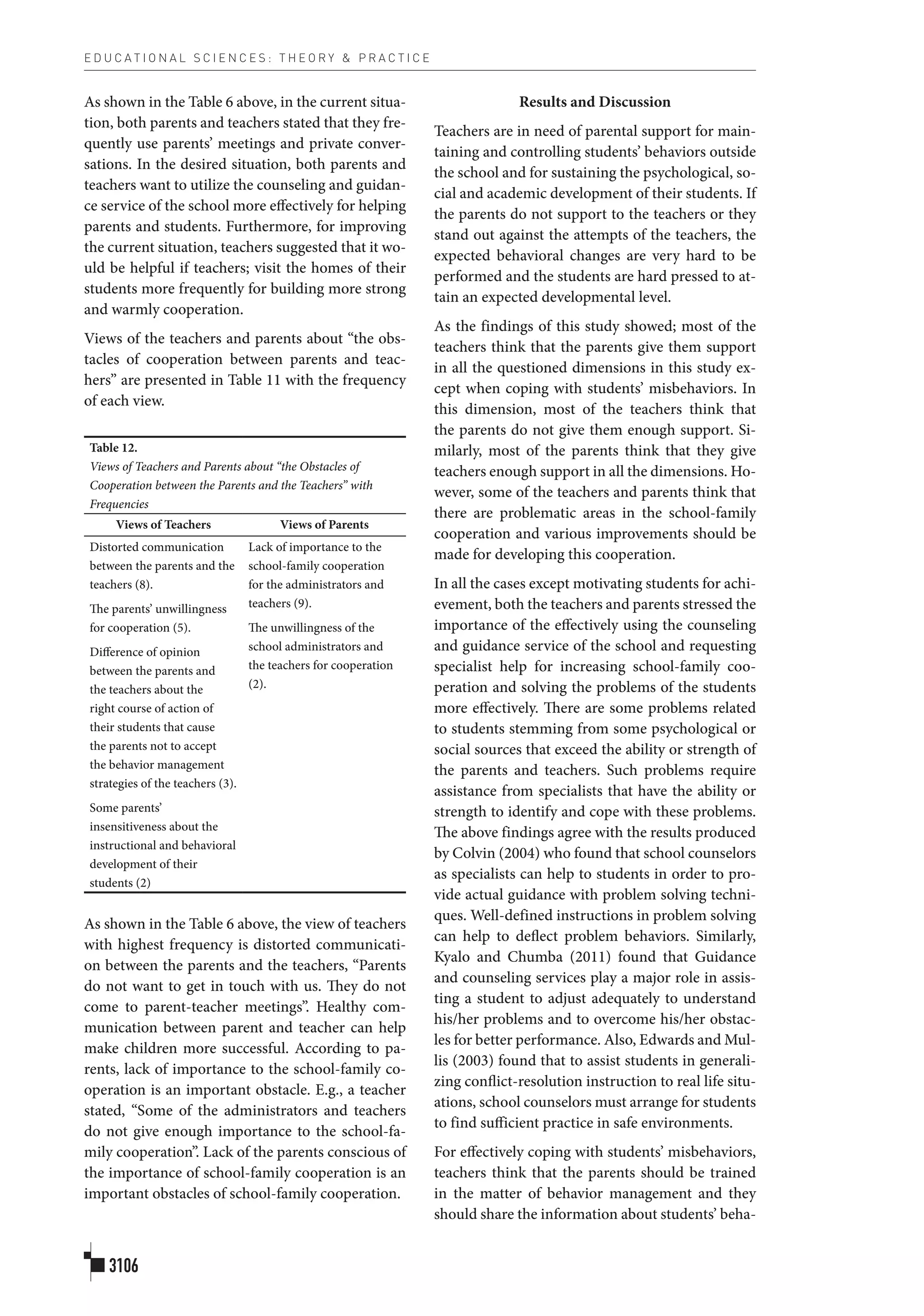E D U C A T I O N A L S C I E N C E S : T H E O R Y & P R A C T I C E
3106
As shown in the Table 6 above, in the current situa-
tion, both parents and teachers stated that they fre-
quently use parents’ meetings and private conver-
sations. In the desired situation, both parents and
teachers want to utilize the counseling and guidan-
ce service of the school more effectively for helping
parents and students. Furthermore, for improving
the current situation, teachers suggested that it wo-
uld be helpful if teachers; visit the homes of their
students more frequently for building more strong
and warmly cooperation.
Views of the teachers and parents about “the obs-
tacles of cooperation between parents and teac-
hers” are presented in Table 11 with the frequency
of each view.
Table 12.
Views of Teachers and Parents about “the Obstacles of
Cooperation between the Parents and the Teachers” with
Frequencies
Views of Teachers Views of Parents
Distorted communication
between the parents and the
teachers (8).
The parents’ unwillingness
for cooperation (5).
Difference of opinion
between the parents and
the teachers about the
right course of action of
their students that cause
the parents not to accept
the behavior management
strategies of the teachers (3).
Some parents’
insensitiveness about the
instructional and behavioral
development of their
students (2)
Lack of importance to the
school-family cooperation
for the administrators and
teachers (9).
The unwillingness of the
school administrators and
the teachers for cooperation
(2).
As shown in the Table 6 above, the view of teachers
with highest frequency is distorted communicati-
on between the parents and the teachers, “Parents
do not want to get in touch with us. They do not
come to parent-teacher meetings”. Healthy com-
munication between parent and teacher can help
make children more successful. According to pa-
rents, lack of importance to the school-family co-
operation is an important obstacle. E.g., a teacher
stated, “Some of the administrators and teachers
do not give enough importance to the school-fa-
mily cooperation”. Lack of the parents conscious of
the importance of school-family cooperation is an
important obstacles of school-family cooperation.
Results and Discussion
Teachers are in need of parental support for main-
taining and controlling students’ behaviors outside
the school and for sustaining the psychological, so-
cial and academic development of their students. If
the parents do not support to the teachers or they
stand out against the attempts of the teachers, the
expected behavioral changes are very hard to be
performed and the students are hard pressed to at-
tain an expected developmental level.
As the findings of this study showed; most of the
teachers think that the parents give them support
in all the questioned dimensions in this study ex-
cept when coping with students’ misbehaviors. In
this dimension, most of the teachers think that
the parents do not give them enough support. Si-
milarly, most of the parents think that they give
teachers enough support in all the dimensions. Ho-
wever, some of the teachers and parents think that
there are problematic areas in the school-family
cooperation and various improvements should be
made for developing this cooperation.
In all the cases except motivating students for achi-
evement, both the teachers and parents stressed the
importance of the effectively using the counseling
and guidance service of the school and requesting
specialist help for increasing school-family coo-
peration and solving the problems of the students
more effectively. There are some problems related
to students stemming from some psychological or
social sources that exceed the ability or strength of
the parents and teachers. Such problems require
assistance from specialists that have the ability or
strength to identify and cope with these problems.
The above findings agree with the results produced
by Colvin (2004) who found that school counselors
as specialists can help to students in order to pro-
vide actual guidance with problem solving techni-
ques. Well-defined instructions in problem solving
can help to deflect problem behaviors. Similarly,
Kyalo and Chumba (2011) found that Guidance
and counseling services play a major role in assis-
ting a student to adjust adequately to understand
his/her problems and to overcome his/her obstac-
les for better performance. Also, Edwards and Mul-
lis (2003) found that to assist students in generali-
zing conflict-resolution instruction to real life situ-
ations, school counselors must arrange for students
to find sufficient practice in safe environments.
For effectively coping with students’ misbehaviors,
teachers think that the parents should be trained
in the matter of behavior management and they
should share the information about students’ beha-
 