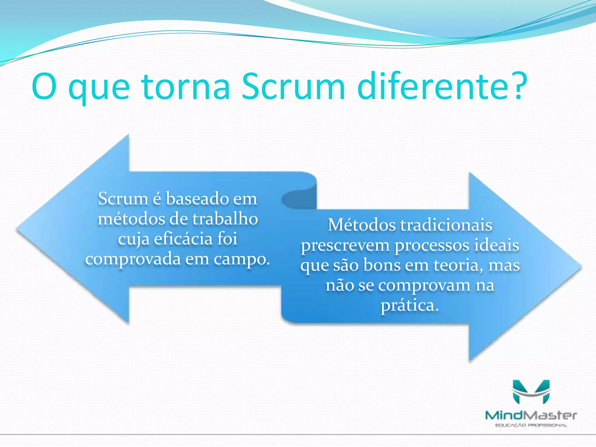 O que torna Scrum diferente?
Scrum é baseado em
métodos de trabalho
cuja eficácia foi
comprovada em campo.

Métodos tradicionais
prescrevem processos ideais
que são bons em teoria, mas
não se comprovam na
prática.

 