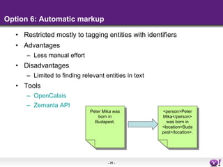 Option 6: Automatic markup Restricted mostly to tagging entities with identifiers Advantages Less manual effort Disadvantages Limited to finding relevant entities in text Tools OpenCalais Zemanta API Peter Mika was born in Budapest. <person>Peter Mika</person> was born in <location>Budapest</location>. 