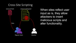 Cross-Site Scripting
www.trusted.good
Regular Users Attacker
Data
www.evil.bad
When sites reflect user
input as is, they allow
attackers to insert
malicious scripts and
alter functionality.
 