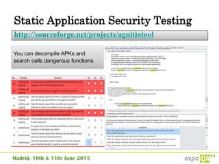 Static Application Security Testing
http://sourceforge.net/projects/agnitiotool
You can decompile APKs and
search calls dangerous functions.
 