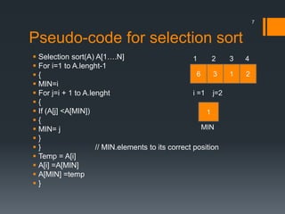 Pseudo-code for selection sort
 Selection sort(A) A[1….N]
 For i=1 to A.lenght-1
 {
 MIN=i
 For j=i + 1 to A.lenght
 {
 If (A[j] <A[MIN])
 {
 MIN= j
 }
 } // MIN.elements to its correct position
 Temp = A[i]
 A[i] =A[MIN]
 A[MIN] =temp
 }
6 3 1 2
1 2 3 4
i =1 j=2
MIN
1
7
 