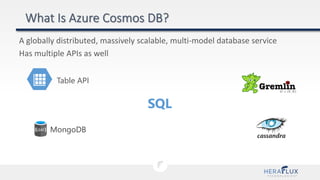 A globally distributed, massively scalable, multi-model database service
Has multiple APIs as well
Table API
MongoDB
 