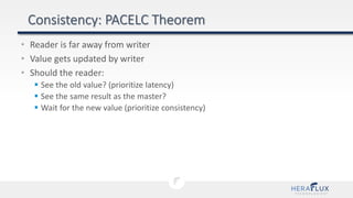 • Reader is far away from writer
• Value gets updated by writer
• Should the reader:
 See the old value? (prioritize latency)
 See the same result as the master?
 Wait for the new value (prioritize consistency)
 