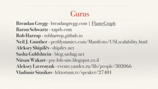 Gurus
Brendan Gregg - brendangregg.com | FlameGraph
Baron Schwartz - xaprb.com
Rob Harrop - robharrop.github.io
Neil J. Gunther - perfdynamics.com/Manifesto/USLscalability.html
Aleksey Shipilëv- shipilev.net
Sasha Goldshtein - blog.sashag.net
Nitsan Wakart - psy-lob-saw.blogspot.co.il
Aleksey Lavrenyuk - events.yandex.ru/lib/people/302066
Vladimir Sitnikov- lektorium.tv/speaker/27401
 