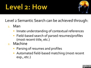 Level 2 Semantic Search can be achieved through:
 1. Man
       Innate understanding of contextual references
       Field-based search of parsed resumes/profiles
        (most recent title, etc.)
 2.   Machine
       Parsing of resumes and profiles
       Automated field-based matching (most recent
        exp., etc.)
 
