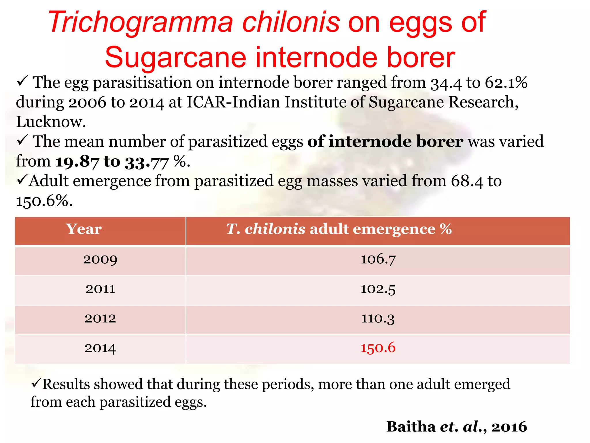  The egg parasitisation on internode borer ranged from 34.4 to 62.1%
during 2006 to 2014 at ICAR-Indian Institute of Sugarcane Research,
Lucknow.
 The mean number of parasitized eggs of internode borer was varied
from 19.87 to 33.77 %.
Adult emergence from parasitized egg masses varied from 68.4 to
150.6%.
Trichogramma chilonis on eggs of
Sugarcane internode borer
Year T. chilonis adult emergence %
2009 106.7
2011 102.5
2012 110.3
2014 150.6
Results showed that during these periods, more than one adult emerged
from each parasitized eggs.
Baitha et. al., 2016
 