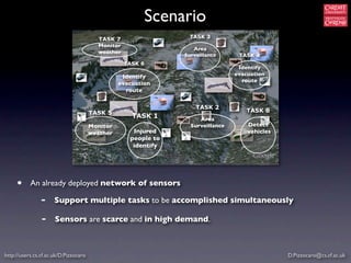 Scenario
                                                                  TASK 3
                                         TASK 7
                                         Monitor
                                                                   Area
                                         weather
                                                                Surveillance      TASK 4
                                                   TASK 6
                                                                                  Identify
                                                  Identify                       evacuation
                                                                                   route
                                                 evacuation
                                                   route

                                                                    TASK 2
                                       TASK 5                                       TASK 8
                                                     TASK 1          Area
                                       Monitor                    Surveillance       Detect
                                       weather       Injured                         vehicles
                                                    people to
                                                     identify




     •     An already deployed network of sensors

                -     Support multiple tasks to be accomplished simultaneously

                -     Sensors are scarce and in high demand.



http://users.cs.cf.ac.uk/D.Pizzocaro                                                            D.Pizzocaro@cs.cf.ac.uk
 