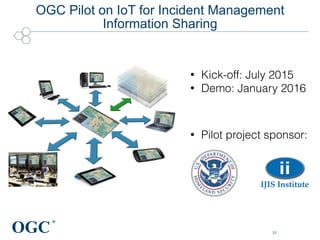 OGC
®
OGC Pilot on IoT for Incident Management
Information Sharing
27
• Kick-off: July 2015
• Demo: January 2016
• Pilot project sponsor:
 