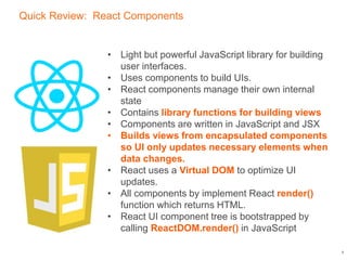 Quick Review: React Components
55
• Light but powerful JavaScript library for building
user interfaces.
• Uses components to build UIs.
• React components manage their own internal
state
• Contains library functions for building views
• Components are written in JavaScript and JSX
• Builds views from encapsulated components
so UI only updates necessary elements when
data changes.
• React uses a Virtual DOM to optimize UI
updates.
• All components by implement React render()
function which returns HTML.
• React UI component tree is bootstrapped by
calling ReactDOM.render() in JavaScript
 