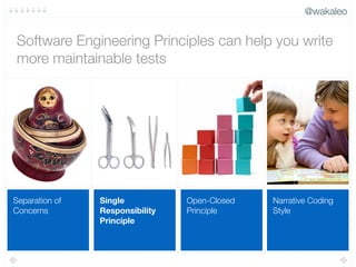 @wakaleo
Narrative Coding
Style
Open-Closed
Principle
Single
Responsibility
Principle
Separation of
Concerns
Software Engineering Principles can help you write
more maintainable tests
 