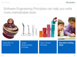 @wakaleo
Narrative Coding
Style
Open-Closed
Principle
Single
Responsibility
Principle
Separation of
Concerns
Software Engineering Principles can help you write
more maintainable tests
 