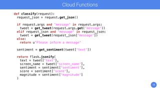 18
Cloud Functions
def classify(request):
request_json = request.get_json()
if request.args and 'message' in request.args:
tweet = get_tweet(request.args.get('message'))
elif request_json and 'message' in request_json:
tweet = get_tweet(request_json['message'])
else:
return u'Please inform a message'
sentiment = get_sentiment(tweet['text'])
return flask.jsonify(
text = tweet['text'],
screen_name = tweet['screen_name'],
sentiment = sentiment['sentiment'],
score = sentiment['score'],
magnitude = sentiment['magnitude']
)
 