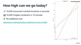 How high can we go today?
🚀 10,000 concurrent Lambda functions in seconds
🎢 10,000 Fargate containers in 10 minutes
💸 No additional cost
vladionescu.me/posts/scaling-containers-on-aws-in-2022
@loige
#CLOUDDAY2022
 