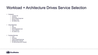 Workload + Architecture Drives Service Selection
Containers
Container File
Versioning
Multi-threaded/Single-task
Minutes to Days
Per VM/Per Hour
Virtual Machines
AMI
Patching
Multi-threaded/Multi-task
Hours to Months
Per VM/Per Hour
Functions/Services
Code
Versioning
Single-threaded/Single-task
Microseconds to Seconds
Per Memory/Second/Per Request
 