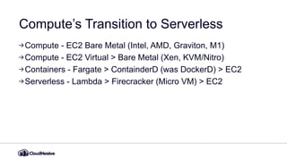 Compute’s Transition to Serverless
Compute - EC2 Bare Metal (Intel, AMD, Graviton, M1)
Compute - EC2 Virtual > Bare Metal (Xen, KVM/Nitro)
Containers - Fargate > ContainderD (was DockerD) > EC2
Serverless - Lambda > Firecracker (Micro VM) > EC2
 