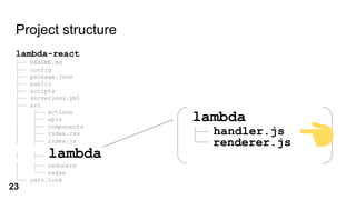 Project structure
lambda-react
├── README.md
├── config
├── package.json
├── public
├── scripts
├── serverless.yml
├── src
│ ├── actions
│ ├── apis
│ ├── components
│ ├── index.css
│ ├── index.js
│ ├── lambda
│ ├── reducers
│ └── sagas
└── yarn.lock
lambda
├── handler.js
└── renderer.jsrenderer.js
handler.js
23
 