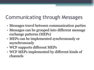 Communicating through Messages Messages travel between communication parties Messages can be grouped into different message exchange patterns (MEPs) MEPs can be implemented synchronously or asynchronously WCF supports different MEPs WCF MEPs implemented by different kinds of channels 