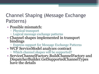 Channel Shaping (Message Exchange Patterns) Possible mismatch: Physical transport Logical message exchange patterns Channel shapes implemented in transport bindings Express support for Message Exchange Patterns WCF ServiceModel analyzes contract Which channel shapes will be supported? ServiceChannelFactory.BuildChannelFactory and DispatcherBuilder.GetSupportedChannelTypes have the details 