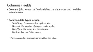 Columns (Fields)
• Columns (also known as fields) define the data types and hold the
actual values
• Common data types include:
• Text/String: For names, descriptions, etc.
• Numeric: For numbers (integers or decimals).
• Date/Time: For dates and timestamps.
• Boolean: For true/false values.
Each column has a unique name within the table.
 