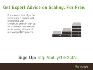 Get Expert Advice on Scaling. For Free. 
For a limited time, if you’re 
considering a commercial 
relationship with 
MongoDB, you can sign up 
for a free one hour consult 
about scaling with one of 
our MongoDB Engineers. 
Sign Up: http://bit.ly/1rkXcfN 
 