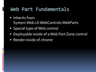 Web Part Fundamentals
 Inherits from
  System.Web.UI.WebControls.WebParts
 Special type of Web control
 Deployable inside of a Web Part Zone control
 Render inside of chrome
 