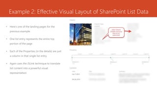Example 2: Effective Visual Layout of SharePoint List Data
• Here’s one of the landing pages for the
previous example
• One list entry represents the entire top
portion of the page
• Each of the Properties (in the details) are just
a column in that single list entry
• Again uses the JSLink technique to translate
list content into a powerful visual
representation
 