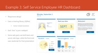 Example 3: Self Service Employee HR Dashboard
• Responsive design
• Uses a charting library (JQPlot)
• Some include transitions
• Each “box” is just a webpart
• Some web parts use both back-end
server side logic, while the front end
uses JavaScript for final presentation
 