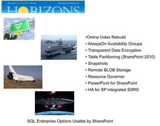 SQL Enterprise Options Usable by SharePoint
•Online Index Rebuild
• AlwaysOn Availability Groups
• Transparent Data Encryption
• Table Partitioning (SharePoint 2010)
• Snapshots
• Remote BLOB Storage
• Resource Governor
• PowerPivot for SharePoint
• HA for SP integrated SSRS
 